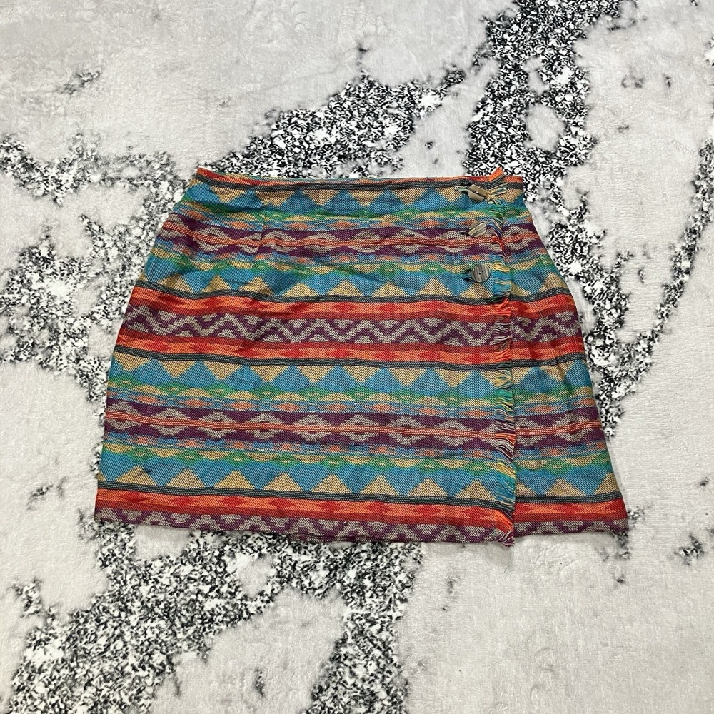 VTG Paul Harris Wrap Mini Skirt Womens Size 14 Tribal Boho Button Fringe Usa
